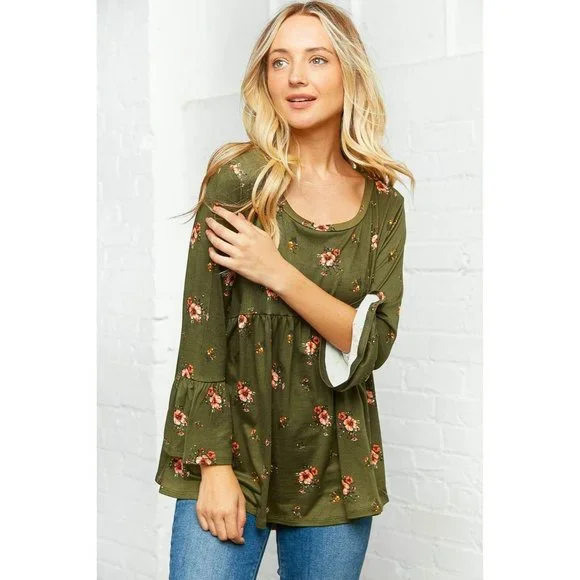 Olive Floral Bell Sleeve Babydoll Peplum Top - Picture 10 of 11